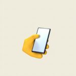 Realistic 3D illustration of yellow hand holding a blank smartphone on plain background.